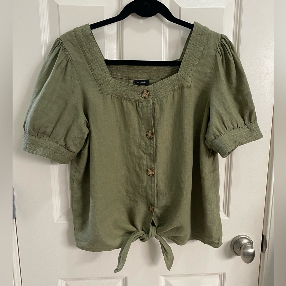 Talbots tie waist linen shirt with button sleeve. Olive green shade Size-Medium